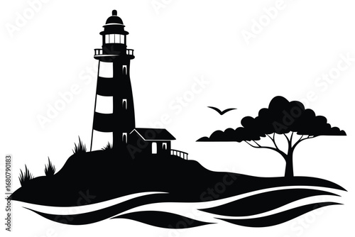 Black Silhouette of Lighthouse, Tree, Sea Waves, Small House on White Background