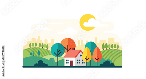 Flat illustration of a countryside house surrounded by colorful trees on rolling green hills under a bright sun, ideal for eco living, rural lifestyle, travel, and seasonal design themes