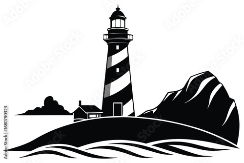 Striped Lighthouse with Building, Rock, Cloudscape on White Background
