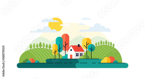 Flat illustration of a countryside house surrounded by colorful trees on rolling green hills under a bright sun, ideal for eco living, rural lifestyle, travel, and seasonal design themes