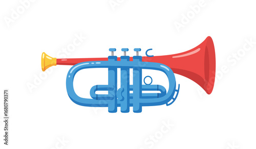 A vibrant cartoon illustration of a bright red and blue cornet musical instrument with a yellow bell isolated on a white background perfect for music education or playful themes