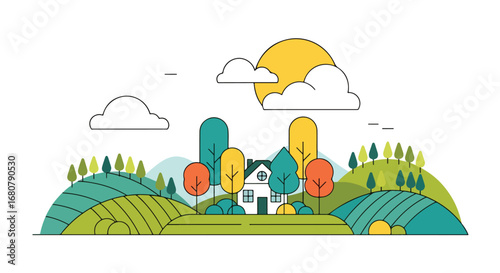 Flat illustration of a countryside house surrounded by colorful trees on rolling green hills under a bright sun, ideal for eco living, rural lifestyle, travel, and seasonal design themes