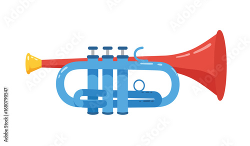 Vibrant cartoon illustration of a bright red and blue trumpet with three valves isolated on a white background perfect for music education and children s themes