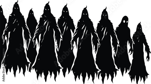 Ethereal Gathering An Illustration of Multiple Dark Ghostly Figures in a Spectral Scene