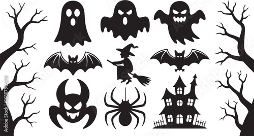 Collection of halloween icons featuring a bat haunted house pumpkin spider cauldron ghost witch hat broomstick eyeball tombstone skull and coffin isolated on white background silhouette