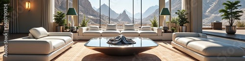 Luxurious modern living room with mountain view and plush white furniture