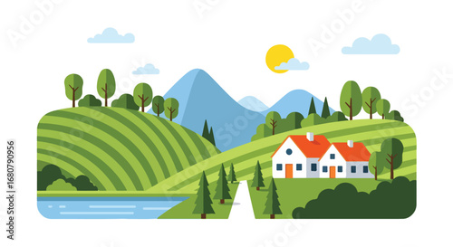 Flat illustration of countryside houses with red roofs surrounded by green hills, trees, mountains, and a river, perfect for travel, eco-tourism, rural living, and nature design themes