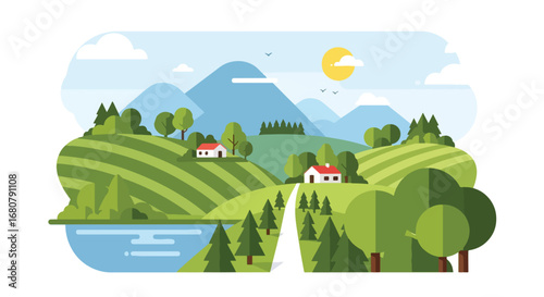 Flat illustration of countryside houses with red roofs surrounded by green hills, trees, mountains, and a river, perfect for travel, eco-tourism, rural living, and nature design themes