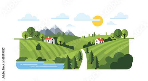 Flat illustration of countryside houses with red roofs surrounded by green hills, trees, mountains, and a river, perfect for travel, eco-tourism, rural living, and nature design themes