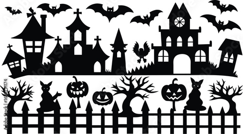 Halloween Silhouette Vector Illustration with Animals Bats and Spooky Elements