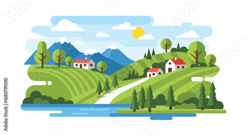 Flat illustration of countryside houses with red roofs surrounded by green hills, trees, mountains, and a river, perfect for travel, eco-tourism, rural living, and nature design themes