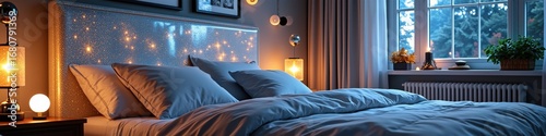 Cozy bedroom with nighttime ambiance features soft lighting and comfortable bedding
