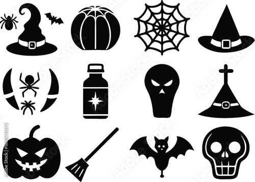 Sixteen Simple Black Halloween Icons in a Grid Vector Design for Spooky Season