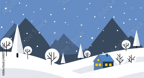 Flat illustration of a cozy wooden cabin in snowy mountains with pine trees and falling snowflakes, perfect for winter holidays, travel promotions, and seasonal marketing designs