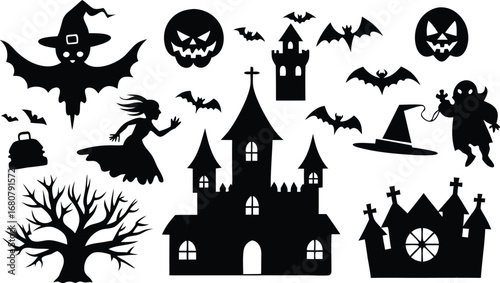 Halloween Silhouettes Cats Pumpkins Bats and Spooky Elements Collection