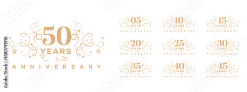 Anniversary Logos 5, 10, 15, 20, 25, 30, 35, 40, 45, 50 Years  Gold Design Set
