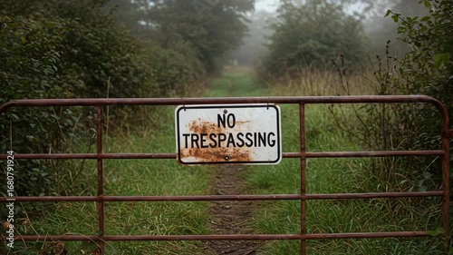 Rusty gate with no trespassing sign leading into foggy path  