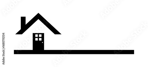 Clean minimalist black house icon with a chimney, door, and a horizontal line. Ideal for real estate, construction, property, and financial service designs.