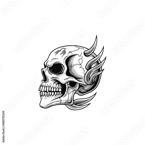 Detailed skull drawing with ornate, spiked, flame-like adornments.