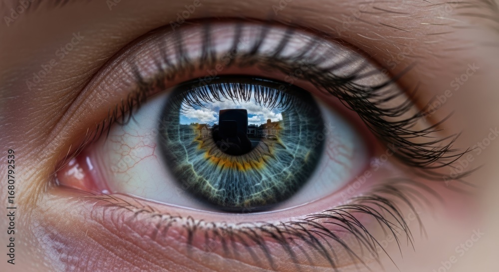 Fototapeta premium Close-up of a human eye with cityscape reflection capturing detailed iris patterns and eyelashes