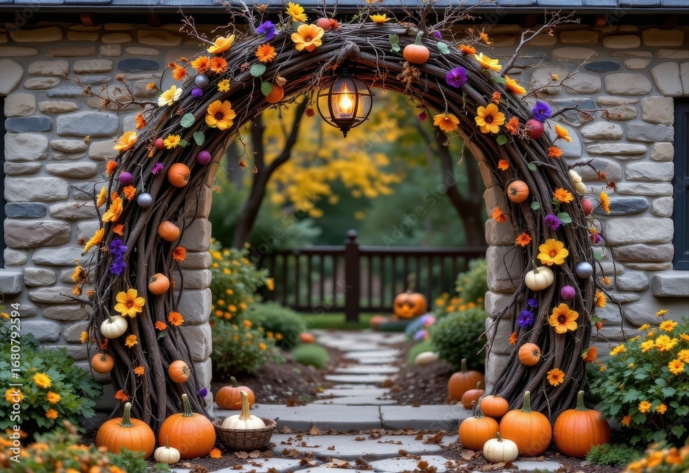 Obraz premium a rustic eco halloween archway decorated with dried flowers, pumpkins reused after season, lanterns powered by sunlight, spooky vertical structure designed green.