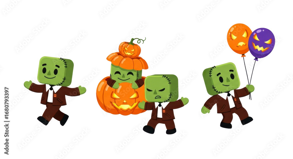 Fototapeta premium Adorable cartoon monsters celebrate Halloween with spooky pumpkins and festive balloons in a playful, whimsical design perfect for seasonal promotions