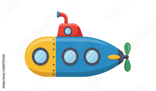 Colorful cartoon submarine with a red conning tower and a green propeller exploring the deep blue ocean waters on a white background