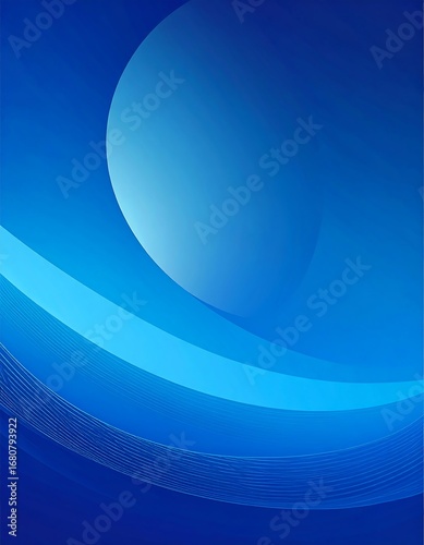 A dynamic abstract design featuring flowing, light blue lines and shapes within a deep blue background.