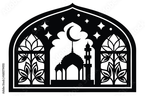 Black Silhouette Window Featuring Mosque, Crescent Moon, and Floral Design on White