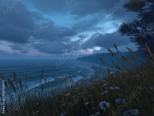 Coastal landscape with grass and flowers at dusk