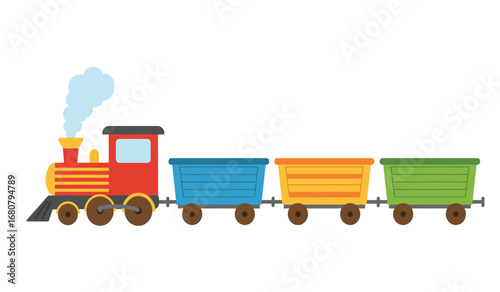 Whimsical cartoon illustration of a bright red steam locomotive pulling colorful blue yellow and green freight cars with white smoke billowing from its chimney against a clean white background