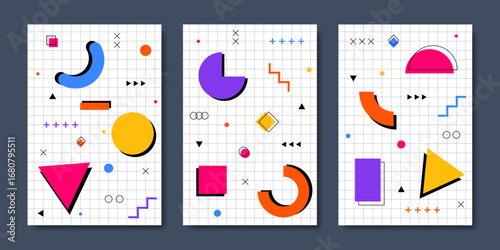 Modern Memphis posters and backgrounds with abstract geometric shapes, bright colors, simple patterns, and retro 80s feels, ideal for cards or story templates. Vector illustration