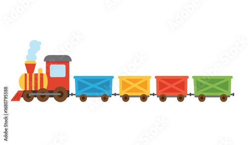 A classic red steam locomotive pulling a colorful freight train with blue yellow red and green cargo cars on a white background