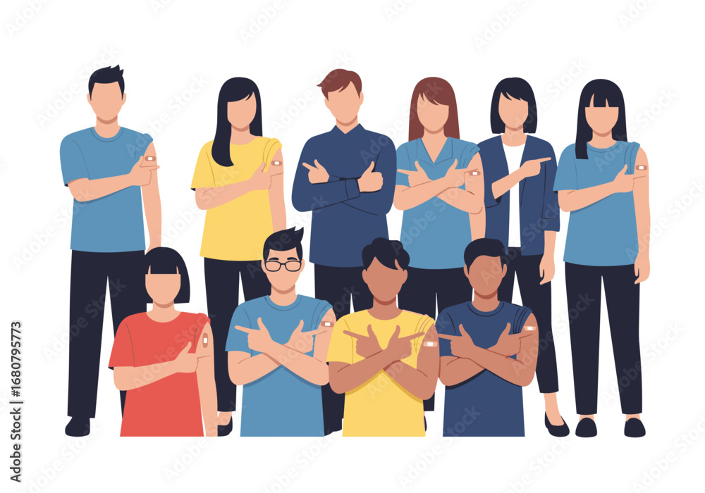 Obraz premium Diverse Group of People Showing Off Their Bandaged Arms After Vaccination Against Illness Promoting Health and Wellness