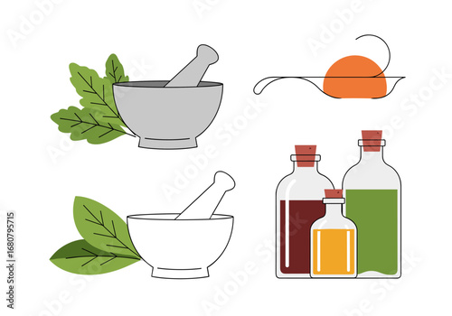 Traditional Herbal Medicine Preparation and Botanical Remedies with Essential Oils in Glass Bottles