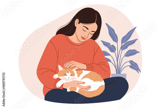 Young woman sitting on floor petting orange and white cat indoors with a houseplant nearby
