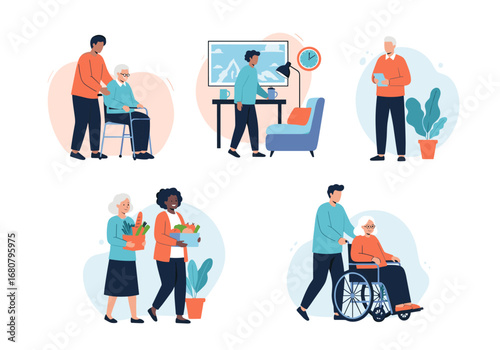 Compassionate Caregivers Providing Assistance and Support to Elderly Individuals in Various Daily Life Scenarios