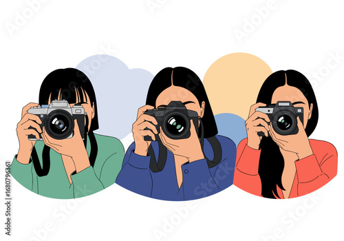 Three creative women capturing moments with their cameras in artistic composition showing their passion for photography and visual storytelling