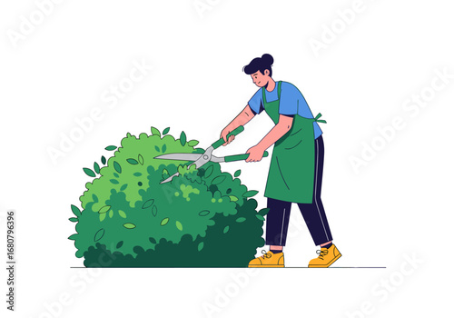Gardener skillfully trims lush green bush with sharp pruning shears on a sunny day creating perfect shape for outdoor landscape design