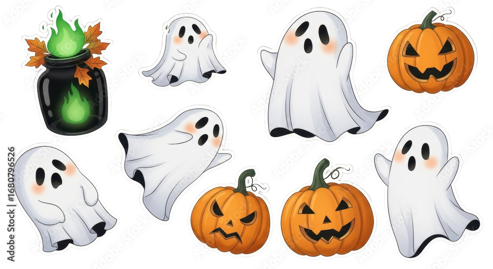 Naklejka premium Cute Halloween ghosts and pumpkins create a festive spooky season vibe for decorations and seasonal designs