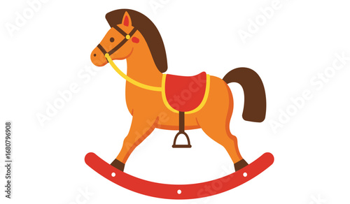 A classic wooden rocking horse toy with a red saddle and bridle isolated on a white background evoking childhood nostalgia and playtime