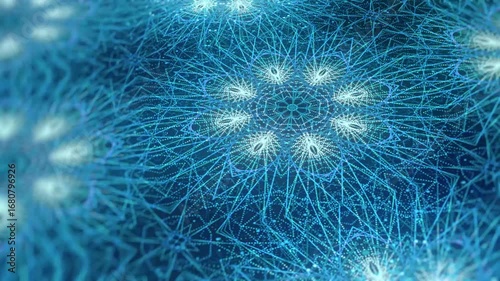 A mesmerizing animated mandala featuring intricate geometric patterns, glowing particles, and a seamless loop of evolving blue and purple hues.
