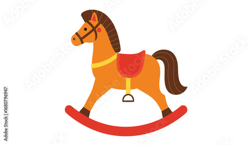 A charming cartoon illustration of a classic wooden rocking horse with a red saddle and bridle on a white background evoking childhood nostalgia and play