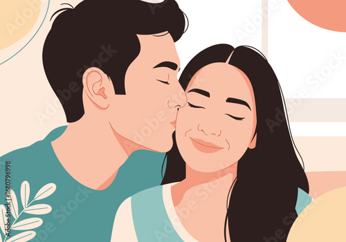 A tender moment of a man kissing his girlfriend on the cheek with eyes closed in a cozy indoor setting with soft pastel colors and subtle floral accents representing affection and romance