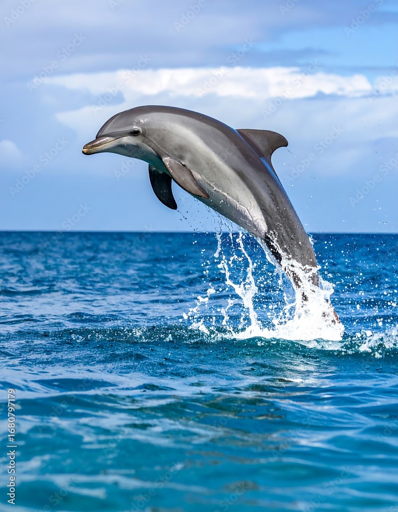 Fototapeta premium A playful dolphin leaps gracefully out of the vibrant blue ocean water, showcasing its agility and natural beauty.