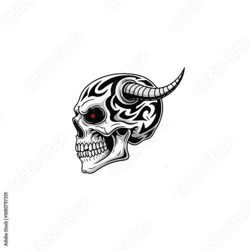 Tribal-style skull design with a single horn, red eyes, and black and white detailing.