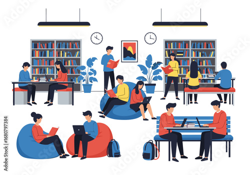 Diverse group of students actively engaged in learning and studying within a vibrant modern library environment