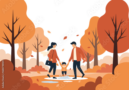 A happy family enjoys a pleasant autumn day walking through a park with colorful trees and falling leaves creating a beautiful seasonal atmosphere