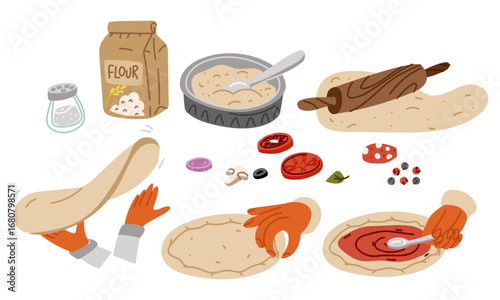 set of ingredients and process of making pizza. chef's hands make the dough, roll it out, add the toppings. Ingredients and process of making pizza. flat, colored, isolated illustration. Making pizza