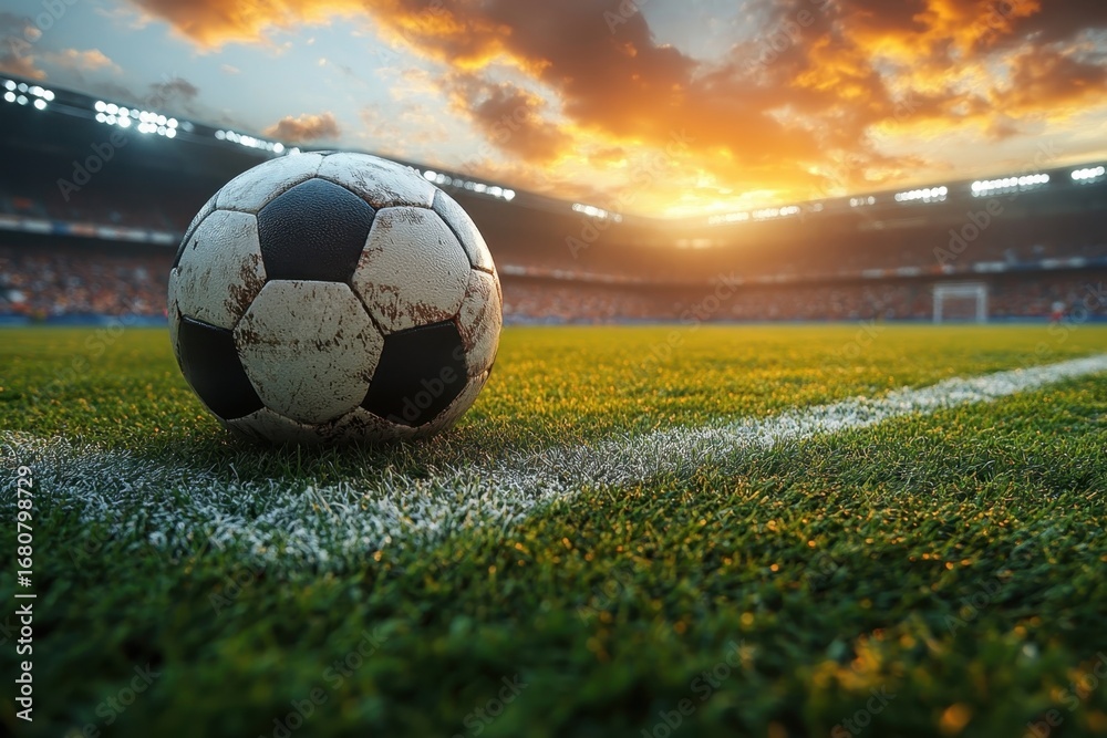 Fototapeta premium A close-up of a soccer ball on the field during sunset in a packed stadium